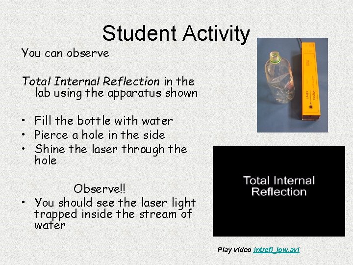 Student Activity You can observe Total Internal Reflection in the lab using the apparatus Student Activity You can observe Total Internal Reflection in the lab using the apparatus