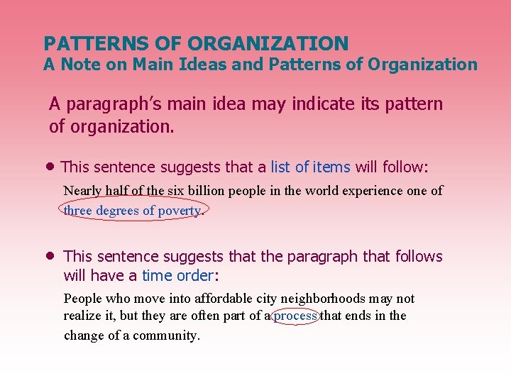 PATTERNS OF ORGANIZATION A Note on Main Ideas and Patterns of Organization A paragraph’s