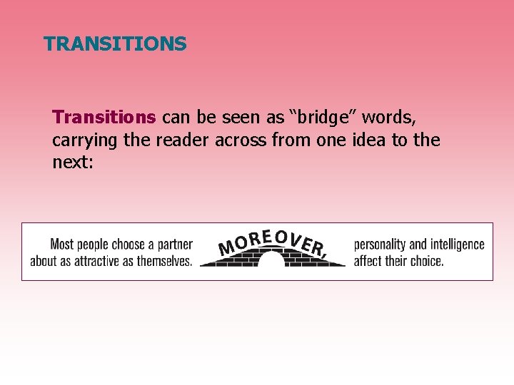 TRANSITIONS Transitions can be seen as “bridge” words, carrying the reader across from one