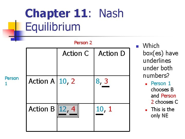 Chapter 11: Nash Equilibrium Person 2 Action C Person 1 Action D Action A Chapter 11: Nash Equilibrium Person 2 Action C Person 1 Action D Action A