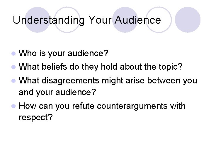 Understanding Your Audience l Who is your audience? l What beliefs do they hold