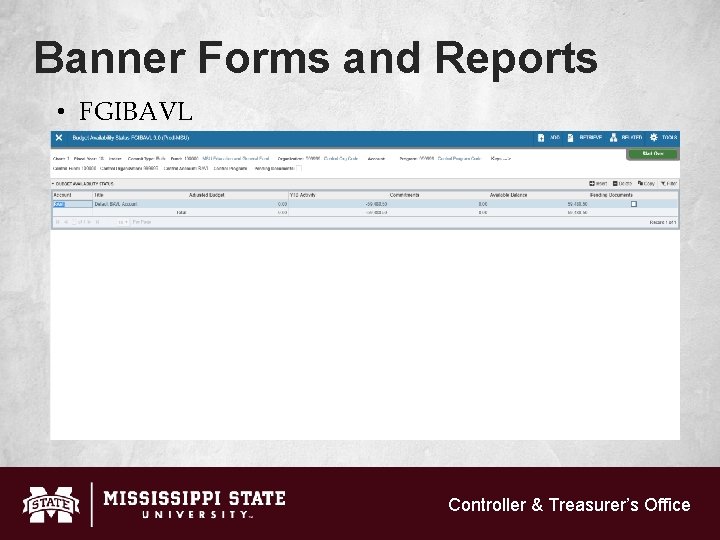 Banner Forms and Reports • FGIBAVL Controller & Treasurer’s Office 