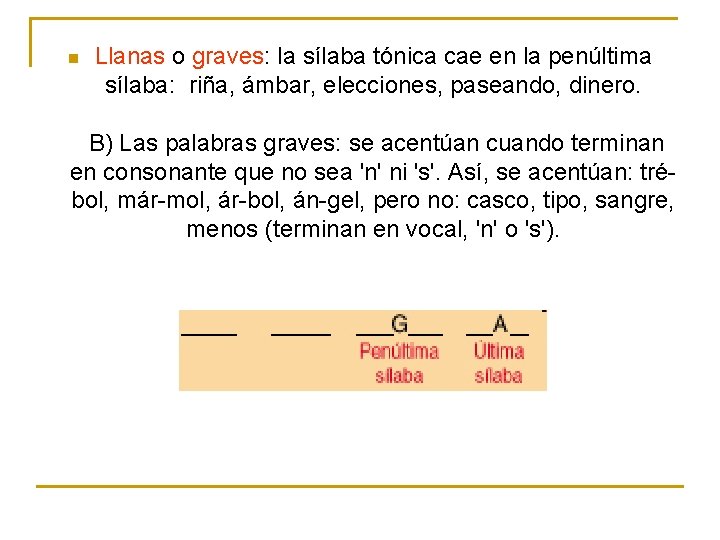 n Llanas o graves: la sílaba tónica cae en la penúltima sílaba: riña, ámbar, n Llanas o graves: la sílaba tónica cae en la penúltima sílaba: riña, ámbar,