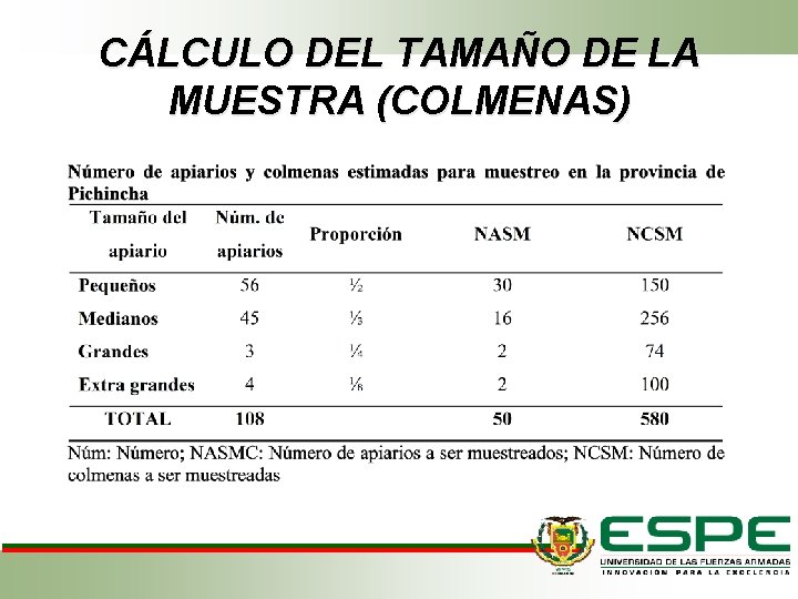 CÁLCULO DEL TAMAÑO DE LA MUESTRA (COLMENAS) 