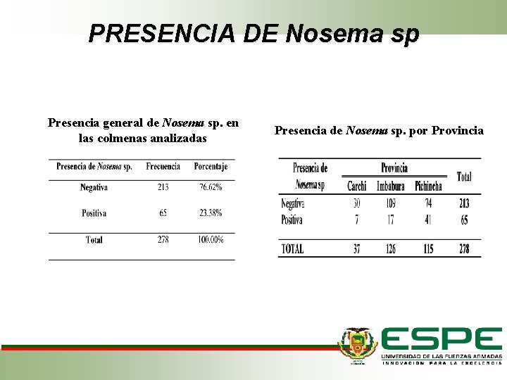 PRESENCIA DE Nosema sp Presencia general de Nosema sp. en las colmenas analizadas Presencia