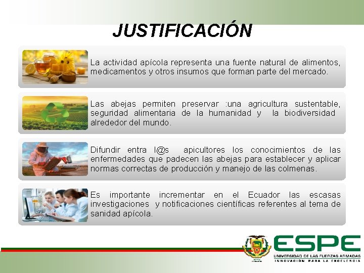 JUSTIFICACIÓN La actividad apícola representa una fuente natural de alimentos, medicamentos y otros insumos