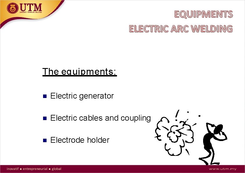 EQUIPMENTS ELECTRIC ARC WELDING The equipments: Electric generator Electric cables and coupling Electrode holder