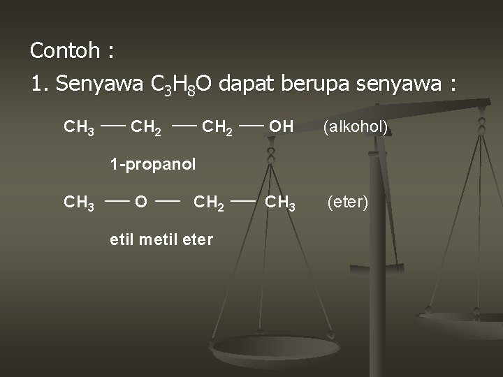 Contoh : 1. Senyawa C 3 H 8 O dapat berupa senyawa : CH