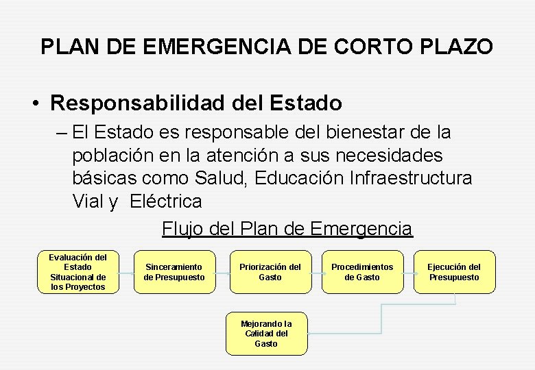 PLAN DE EMERGENCIA DE CORTO PLAZO • Responsabilidad del Estado – El Estado es
