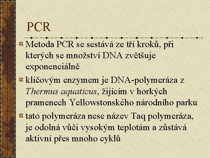 PCR Metoda PCR se sestává ze tří kroků, při kterých se množství DNA zvětšuje