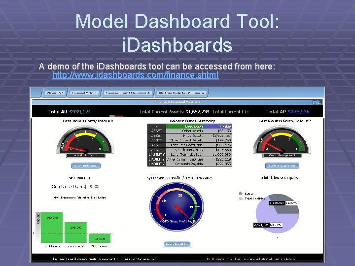 Model Dashboard Tool: i. Dashboards A demo of the i. Dashboards tool can be