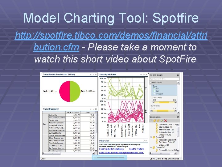 Model Charting Tool: Spotfire http: //spotfire. tibco. com/demos/financial/attri bution. cfm - Please take a