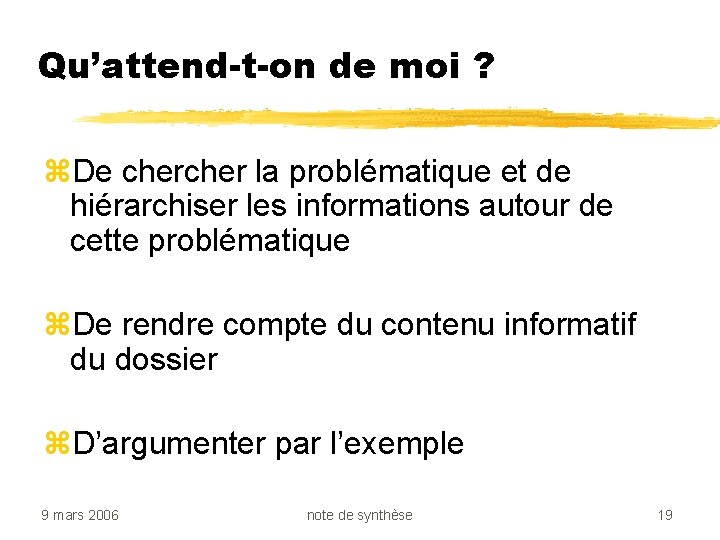 Qu’attend-t-on de moi ? z. De cher la problématique et de hiérarchiser les informations