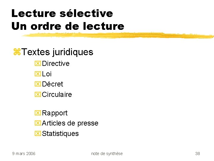 Lecture sélective Un ordre de lecture z. Textes juridiques x. Directive x. Loi x.