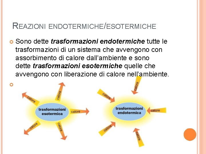 REAZIONI ENDOTERMICHE/ESOTERMICHE Sono dette trasformazioni endotermiche tutte le trasformazioni di un sistema che avvengono