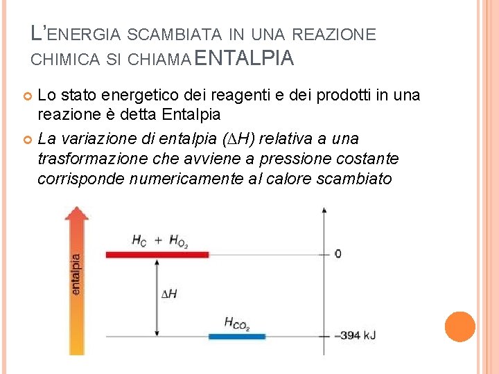 L’ENERGIA SCAMBIATA IN UNA REAZIONE CHIMICA SI CHIAMA ENTALPIA Lo stato energetico dei reagenti