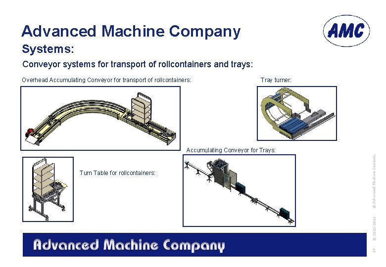 Advanced Machine Company Systems: Conveyor systems for transport of rollcontainers and trays: Overhead Accumulating