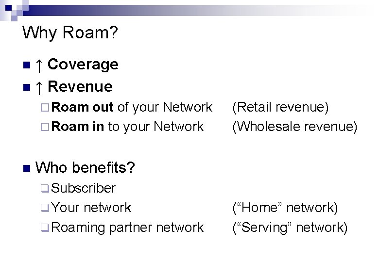 Why Roam? ↑ Coverage n ↑ Revenue n ¨ Roam out of your Network
