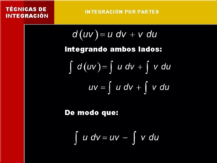 TÉCNICAS DE INTEGRACIÓN POR PARTES Integrando ambos lados: De modo que: 