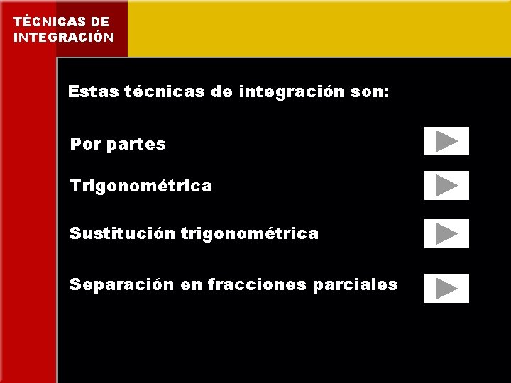 TÉCNICAS DE INTEGRACIÓN Estas técnicas de integración son: Por partes Trigonométrica Sustitución trigonométrica Separación