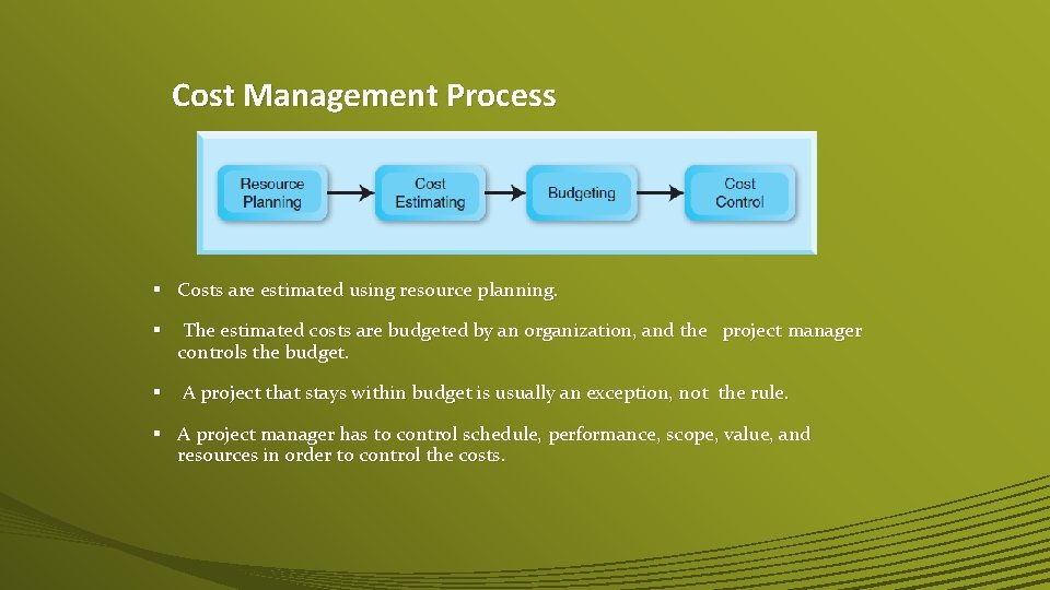 Cost Management Process § Costs are estimated using resource planning. § The estimated costs