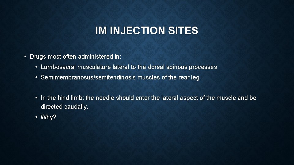 IM INJECTION SITES • Drugs most often administered in: • Lumbosacral musculature lateral to IM INJECTION SITES • Drugs most often administered in: • Lumbosacral musculature lateral to