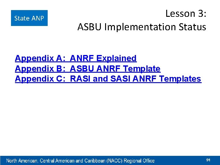 State ANP Lesson 3: ASBU Implementation Status Appendix A: ANRF Explained Appendix B: ASBU