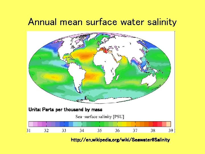 Annual mean surface water salinity Units: Parts per thousand by mass http: //en. wikipedia.