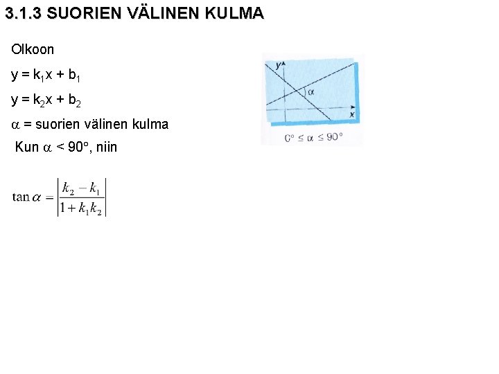 3. 1. 3 SUORIEN VÄLINEN KULMA Olkoon y = k 1 x + b