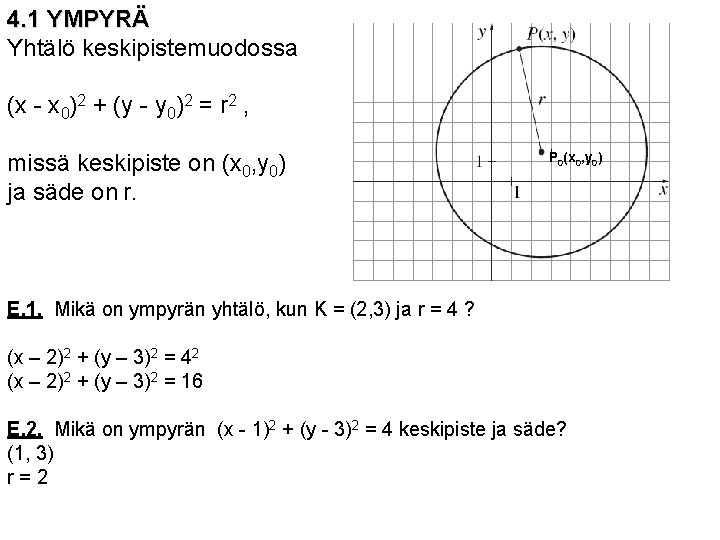 4. 1 YMPYRÄ Yhtälö keskipistemuodossa (x - x 0)2 + (y - y 0)2