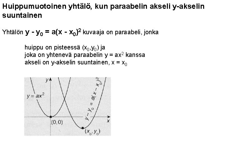 Huippumuotoinen yhtälö, kun paraabelin akseli y-akselin suuntainen Yhtälön y - y 0 = a(x