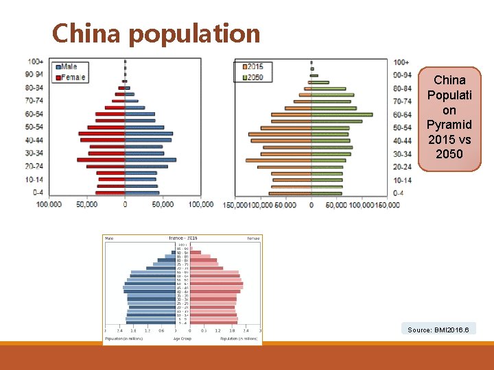 China population China Populati on Pyramid 2015 vs 2050 Source: BMI 2016. 6 