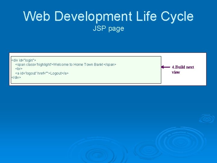 Web Development Life Cycle JSP page <div id="login"> <span class='highlight'>Welcome to Home Town Bank!</span> Web Development Life Cycle JSP page <div id="login"> <span class='highlight'>Welcome to Home Town Bank!</span>