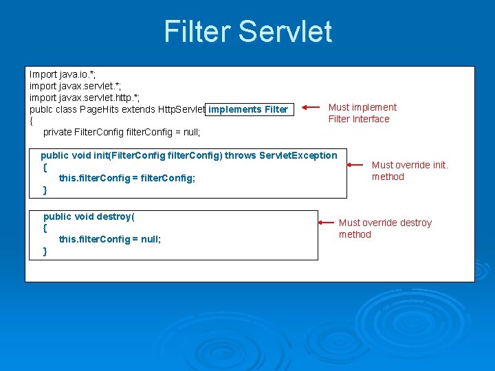 Filter Servlet Import java. io. *; import javax. servlet. http. *; publc class Page. Filter Servlet Import java. io. *; import javax. servlet. http. *; publc class Page.