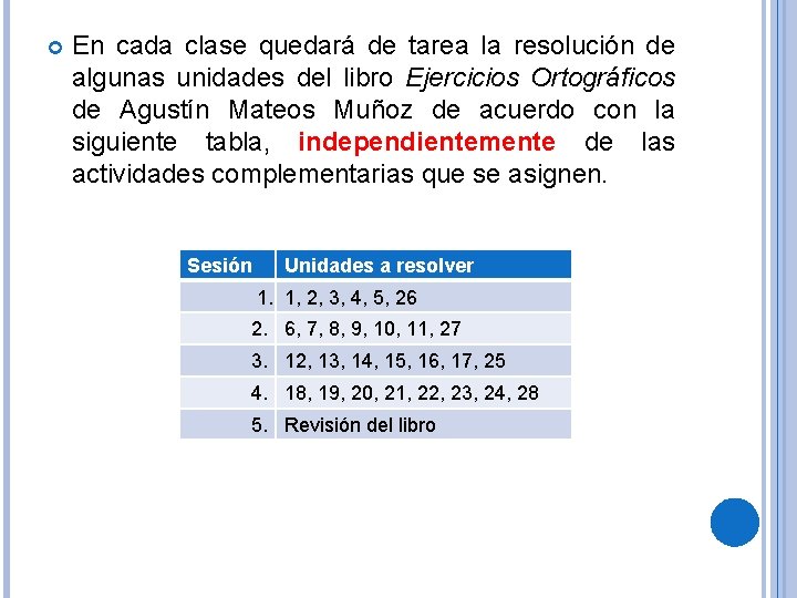  En cada clase quedará de tarea la resolución de algunas unidades del libro