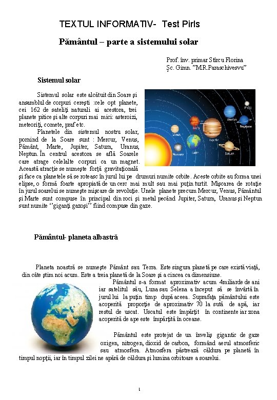 Testul Informativ TEXTUL INFORMATIV Test Pirls Pmntul parte a sistemului