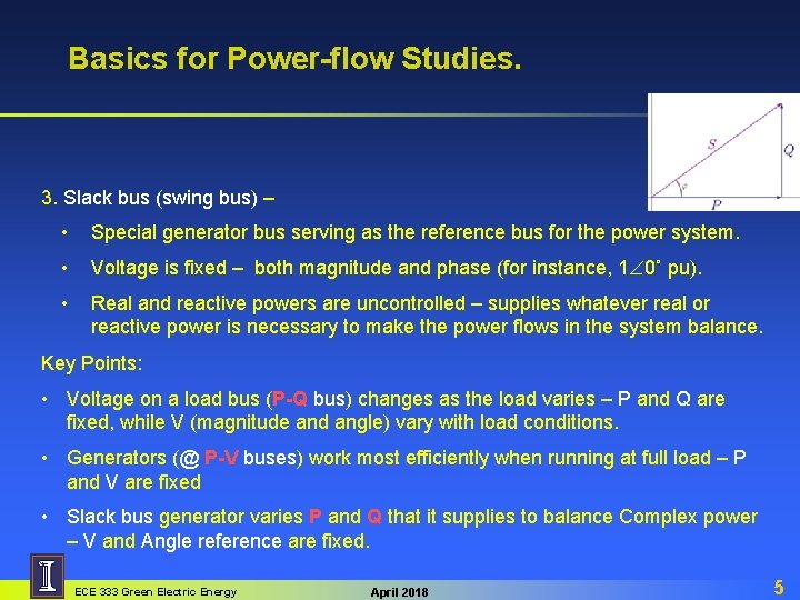 Basics for Power-flow Studies. 3. Slack bus (swing bus) – • Special generator bus