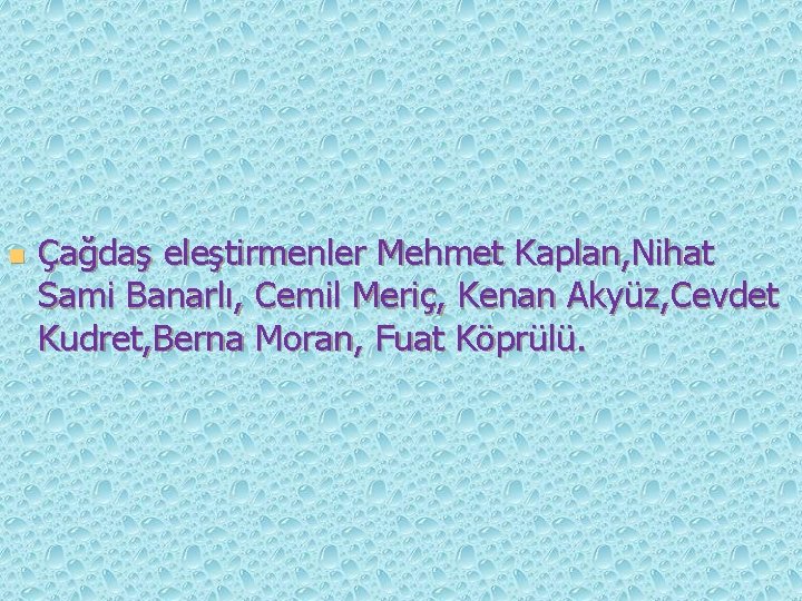 n Çağdaş eleştirmenler Mehmet Kaplan, Nihat Sami Banarlı, Cemil Meriç, Kenan Akyüz, Cevdet Kudret,