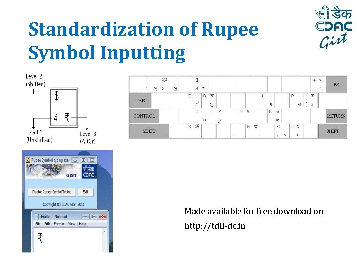 Standardization of Rupee Symbol Inputting Made available for free download on http: //tdil-dc. in