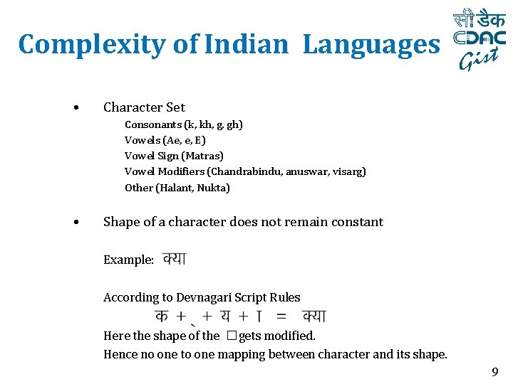 Complexity of Indian Languages • Character Set Consonants (k, kh, g, gh) Vowels (Ae,