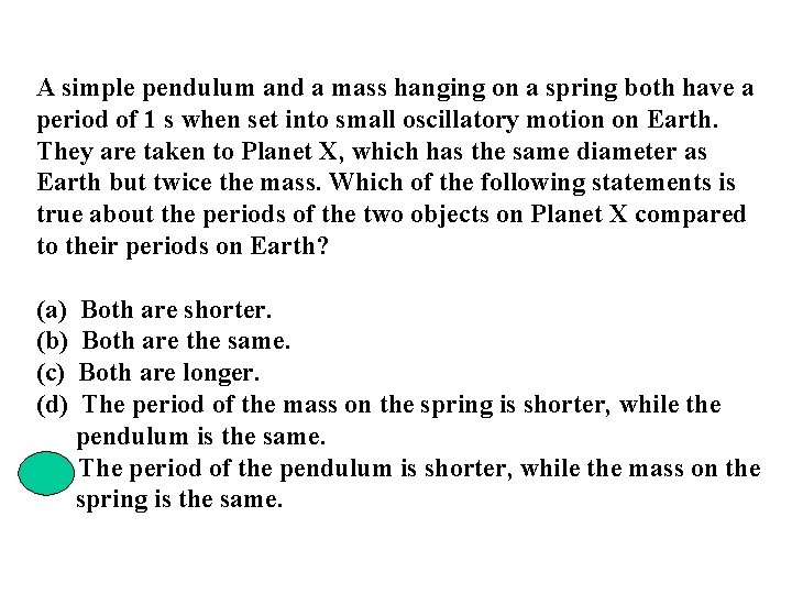 A simple pendulum and a mass hanging on a spring both have a period