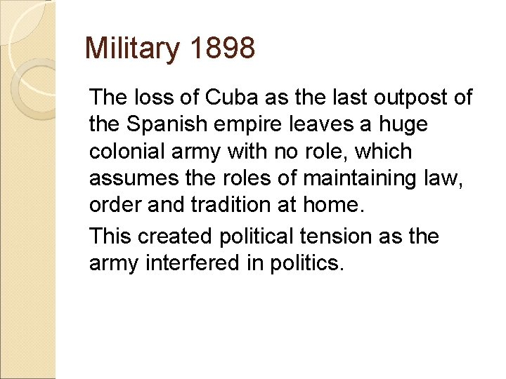 Military 1898 The loss of Cuba as the last outpost of the Spanish empire