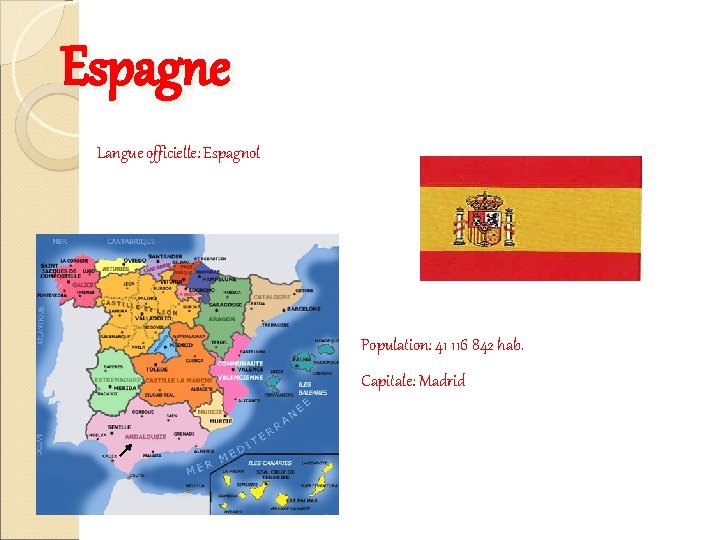 Espagne Langue officielle: Espagnol Population: 41 116 842 hab. Capitale: Madrid 