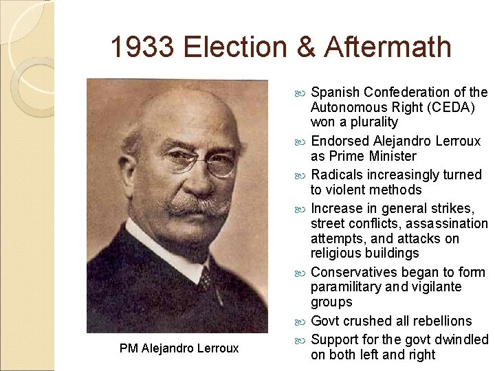 1933 Election & Aftermath Spanish Confederation of the Autonomous Right (CEDA) won a plurality