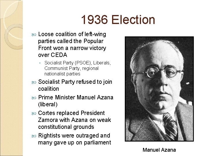 1936 Election Loose coalition of left-wing parties called the Popular Front won a narrow