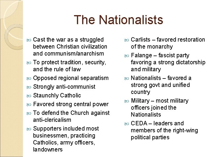 The Nationalists Cast the war as a struggled between Christian civilization and communism/anarchism To