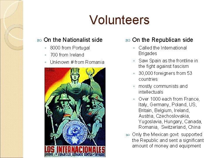 Volunteers On the Nationalist side ◦ 8000 from Portugal ◦ 700 from Ireland ◦