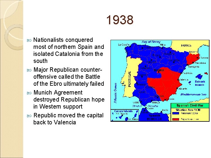 1938 Nationalists conquered most of northern Spain and isolated Catalonia from the south Major