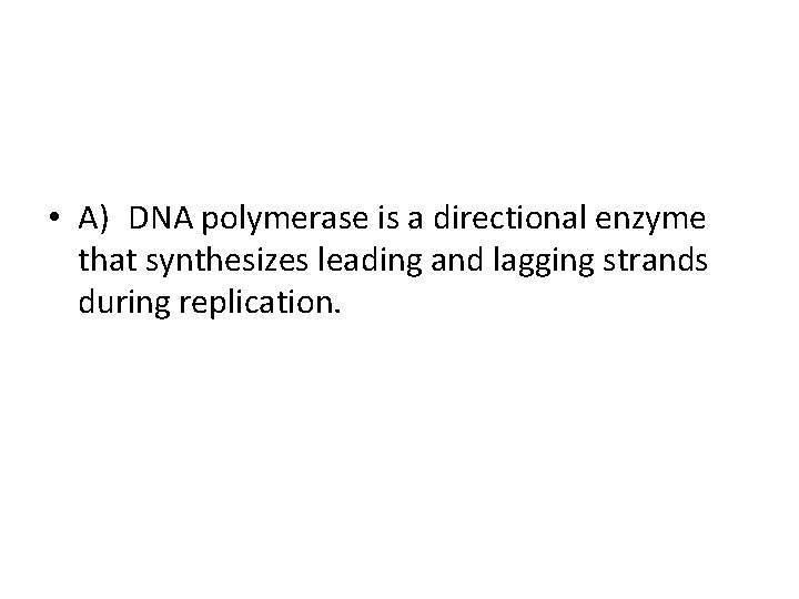  • A) DNA polymerase is a directional enzyme that synthesizes leading and lagging