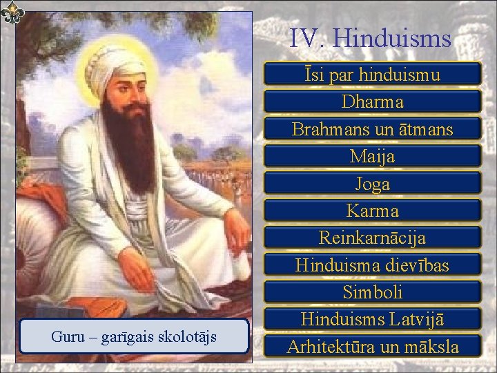 IV. Hinduisms Guru – garīgais skolotājs Īsi par hinduismu Dharma Brahmans un ātmans Maija